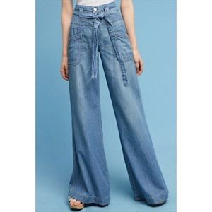 Anthropologie Light Blue Denim Wide-Leg Tie-Waist Pants
